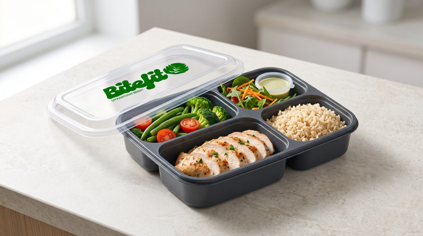 A Bite Fit bento box of chicken, rice, greens and salad on a kitchen counter
